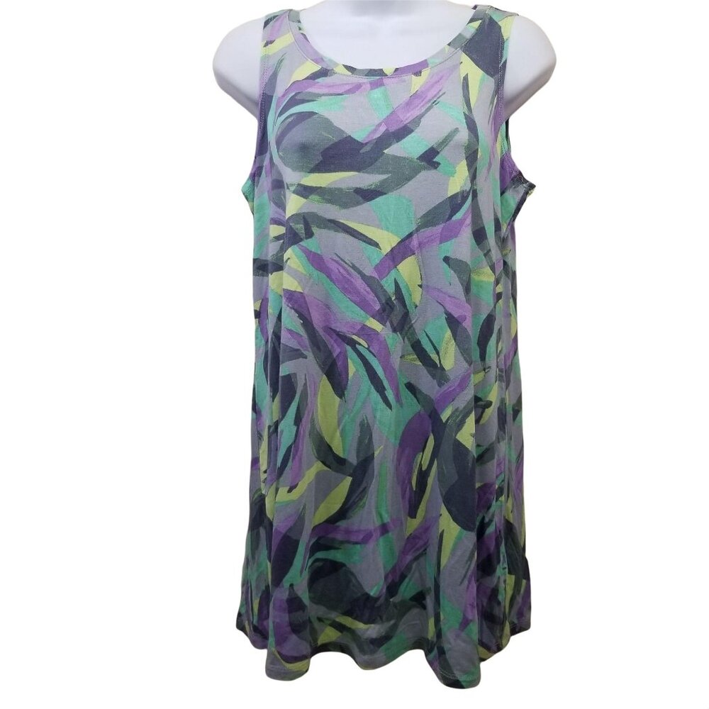LOGO S Sleeveless Top Purple Green Camo Tank‎ Long Tunic Stretch Athleisure